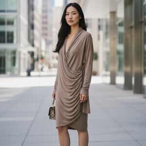 Anagram Women's Brown Tencel Loose Fit Long Sleeve Faux Wrap Dress Size L